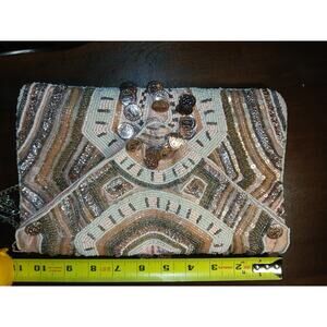 Clements Ribeiro Beaded Boho Coin Clutch – Vintage Style Evening Bag with Silver